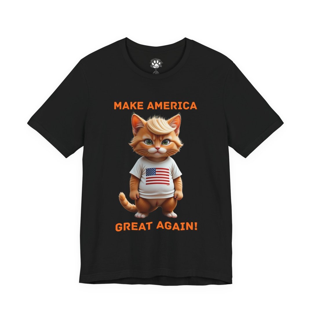 4418835201803172434_2048.jpeg Black T-shirt with a cartoon cat wearing an American flag shirt and text 'Make America Great Again!'