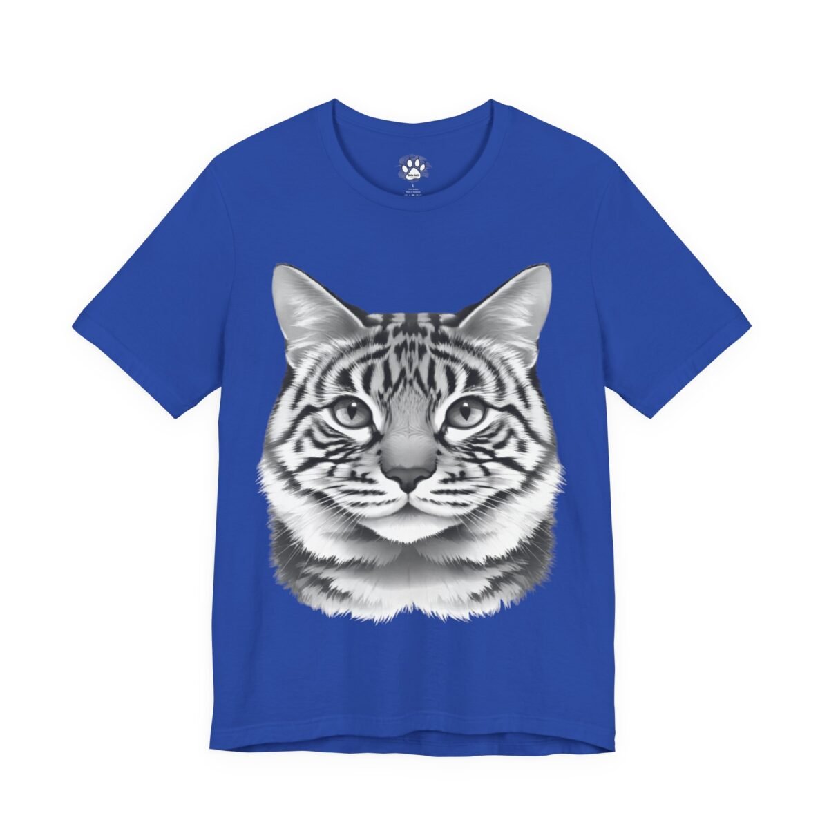 4448886786265467472_2048.jpeg Blue t-shirt featuring a striped cat's face in grayscale.