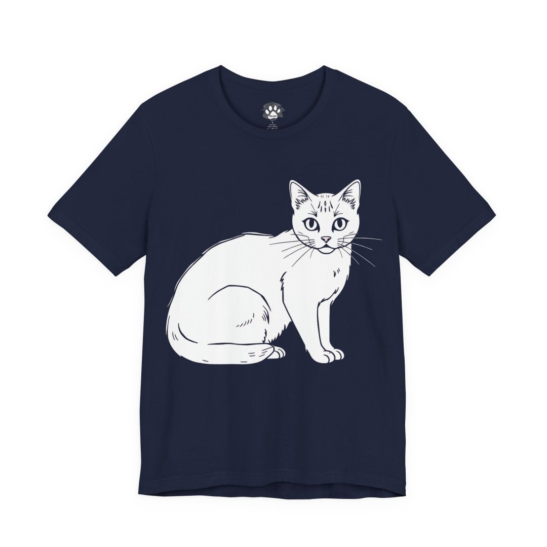 4481452522430137662_2048.jpeg Navy blue t-shirt with a white cat illustration.