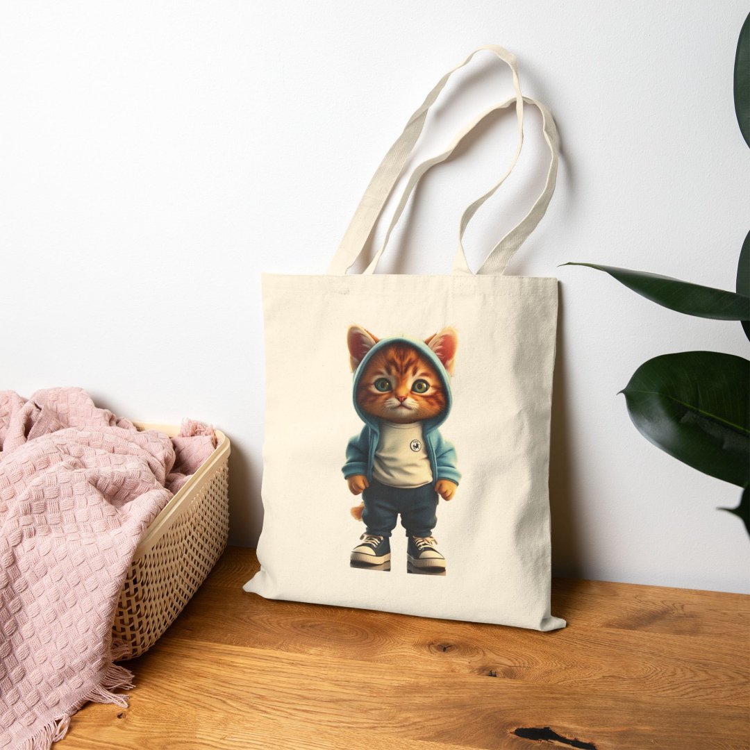4498448299868965963_2048.jpeg Tote bag with cute cat in hoodie design on wooden table.