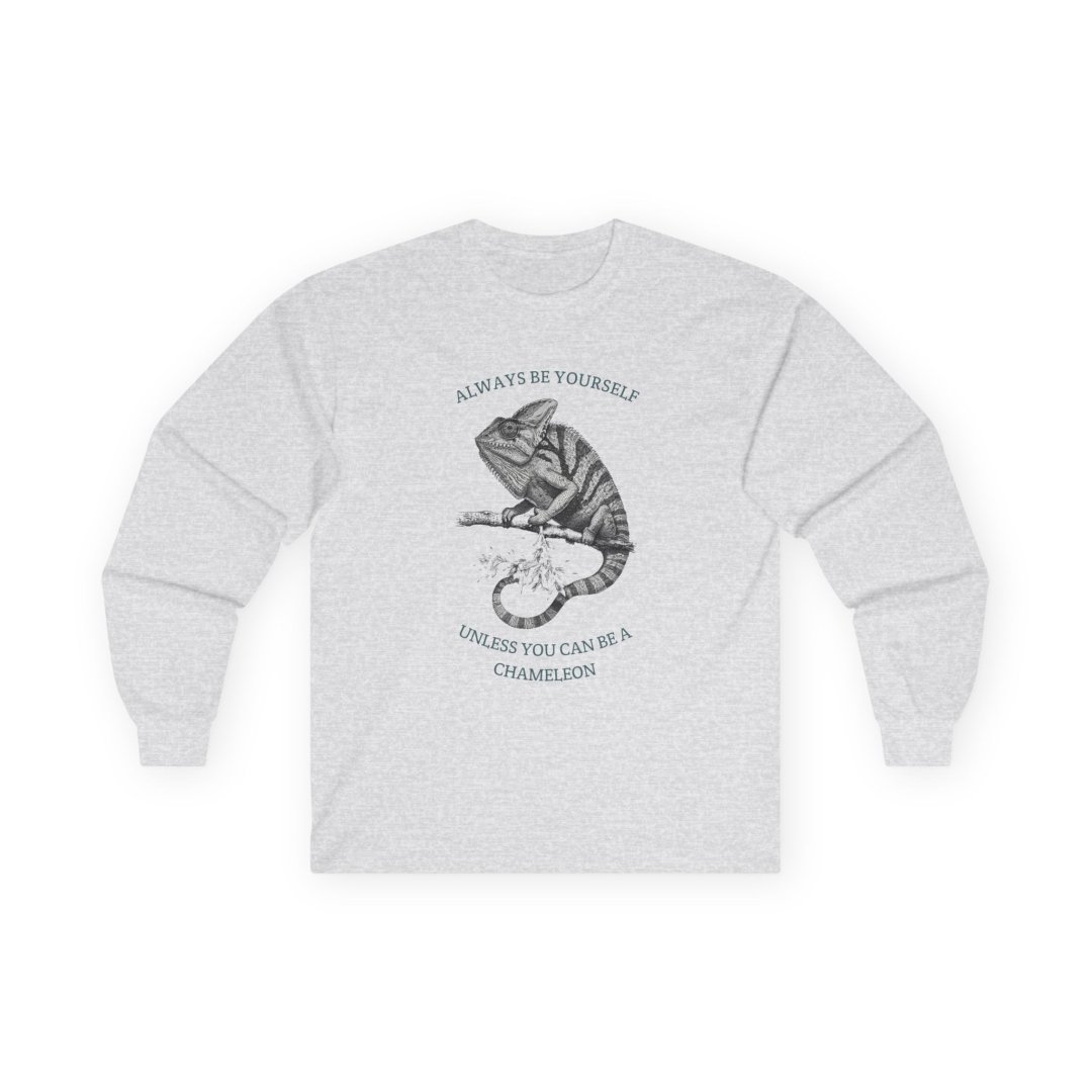 4537023974249091801_2048.jpeg Gray long-sleeve shirt with chameleon graphic and text.