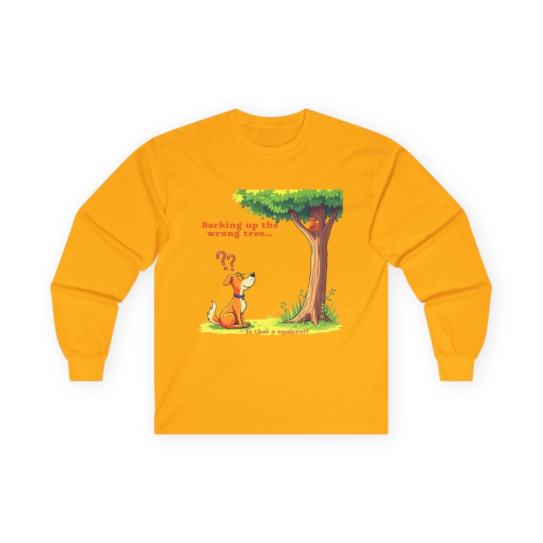4626356323999028682_2048.jpeg Yellow long-sleeve shirt with a cartoon dog looking at a tree.
