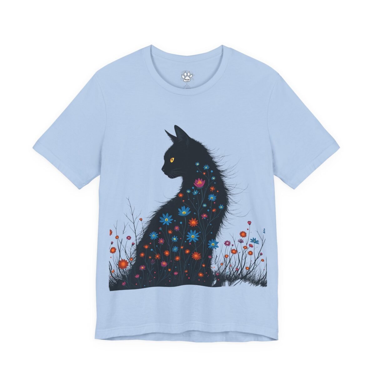 465529974183683006_2048.jpeg Light blue t-shirt with a black cat whose body is filled with colorful flowers.