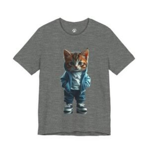 Streetwise Hoodie Kitten Graphic Tee. Gray T-shirt with a cute cat in a hoodie and sneakers design.