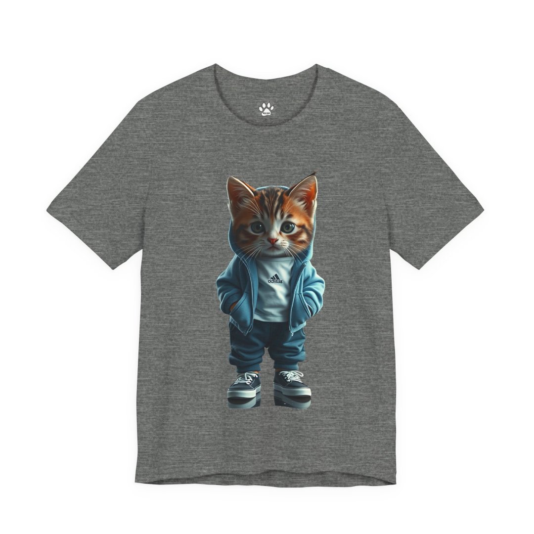 Streetwise Hoodie Kitten Graphic Tee. Gray T-shirt with a cute cat in a hoodie and sneakers design.