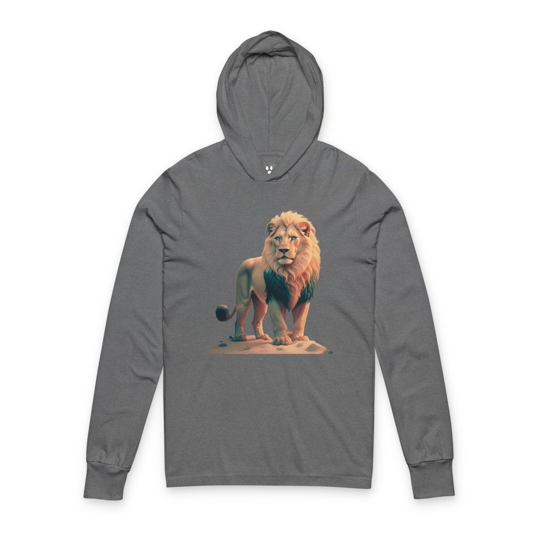 Gray triblend Lion Graphic Hooded Long-Sleeve Tee featuring a realistic standing lion illustration on a lightweight hooded cotton shirt designed for wildlife lovers, safari enthusiasts, and casual everyday wear.