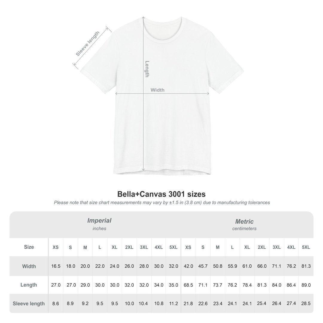 5234151701624995980_2048.jpeg Bella+Canvas 3001 size chart with measurements in inches and centimeters.