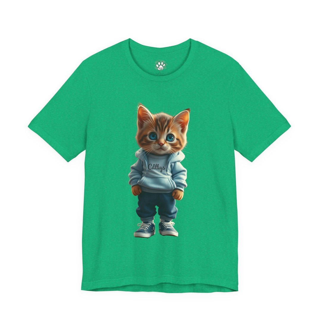 5244005980201774263_2048.jpeg Green t-shirt featuring a cute kitten in a hoodie and sneakers.