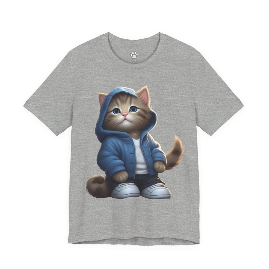 5381152845237836832_2048.jpeg Gray t-shirt with a cute cat in a blue hoodie and sneakers.