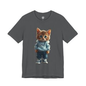 Hoodie Kitten Graphic Tee. Gray t-shirt with a cute kitten in a hoodie and sneakers design.