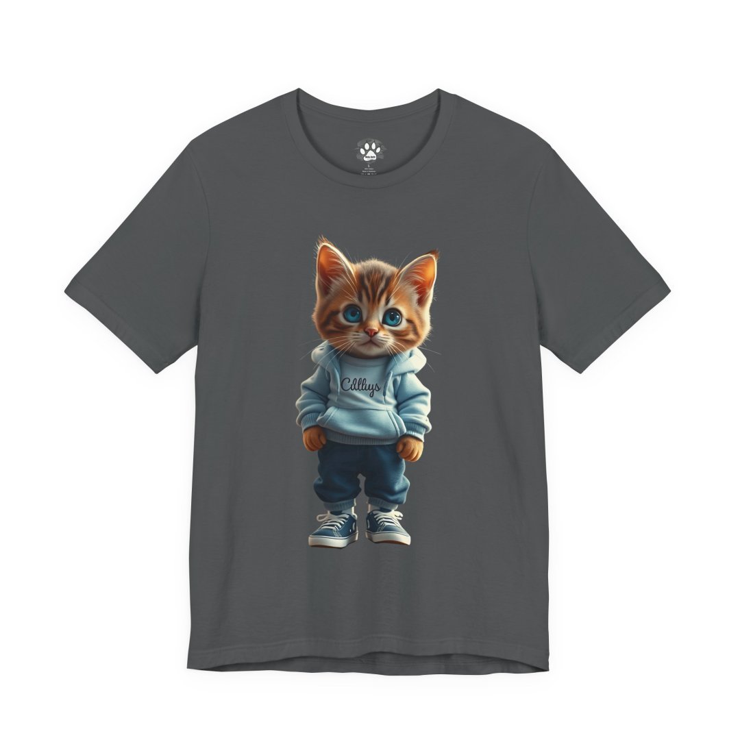 Hoodie Kitten Graphic Tee. Gray t-shirt with a cute kitten in a hoodie and sneakers design.