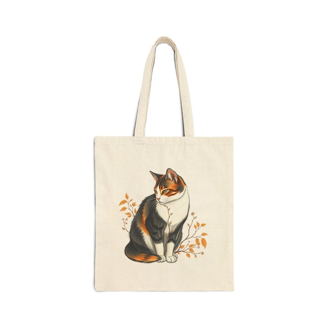 Calico Cat Floral Tote Bag. Canvas tote bag with a calico cat and autumn leaves design.