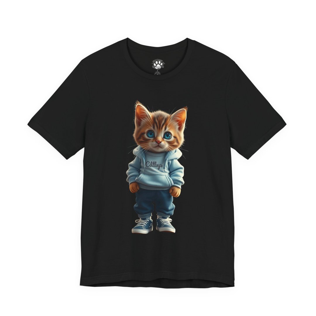 5565393872821541403_2048.jpeg T-shirt with a cute kitten in a hoodie and sneakers.