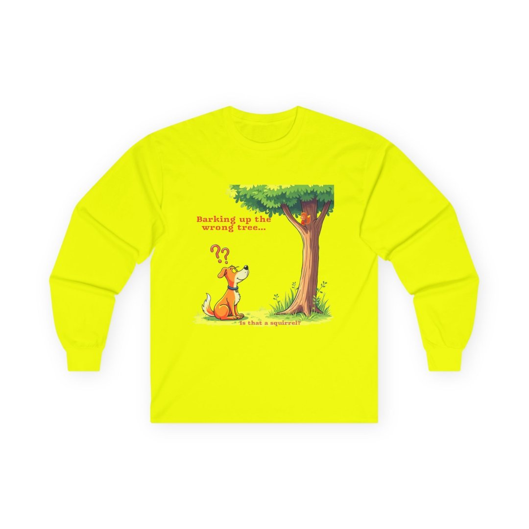 5664404260842290375_2048.jpeg Yellow long-sleeve shirt with cartoon dog looking at a tree.