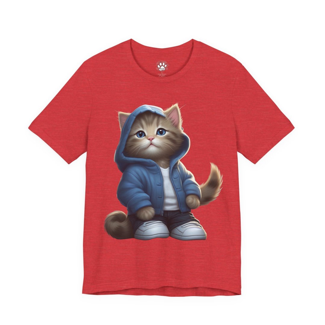 5665087375075993998_2048.jpeg Red t-shirt with a cute cat wearing a blue hoodie and sneakers.