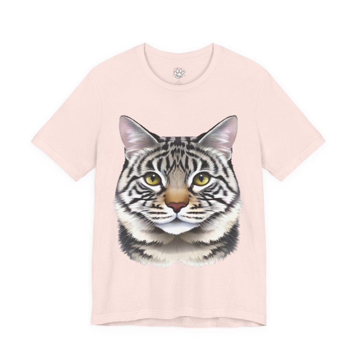 5671789728761616110_2048.jpeg Light pink t-shirt with a detailed tabby cat face graphic.