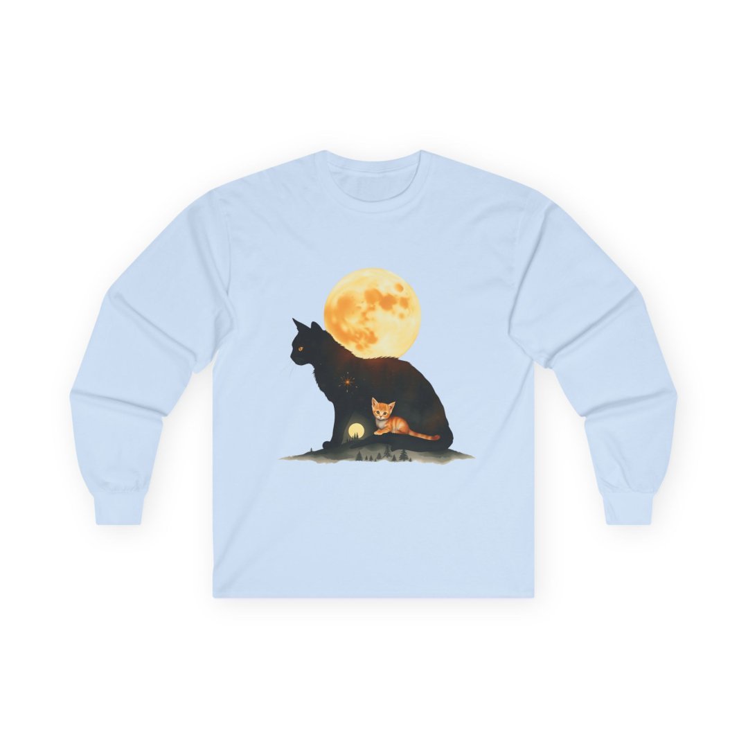 5874898069704830204_2048.jpeg Light blue long-sleeve shirt with a black cat silhouette, an orange kitten nestled within, and a prominent full moon.
