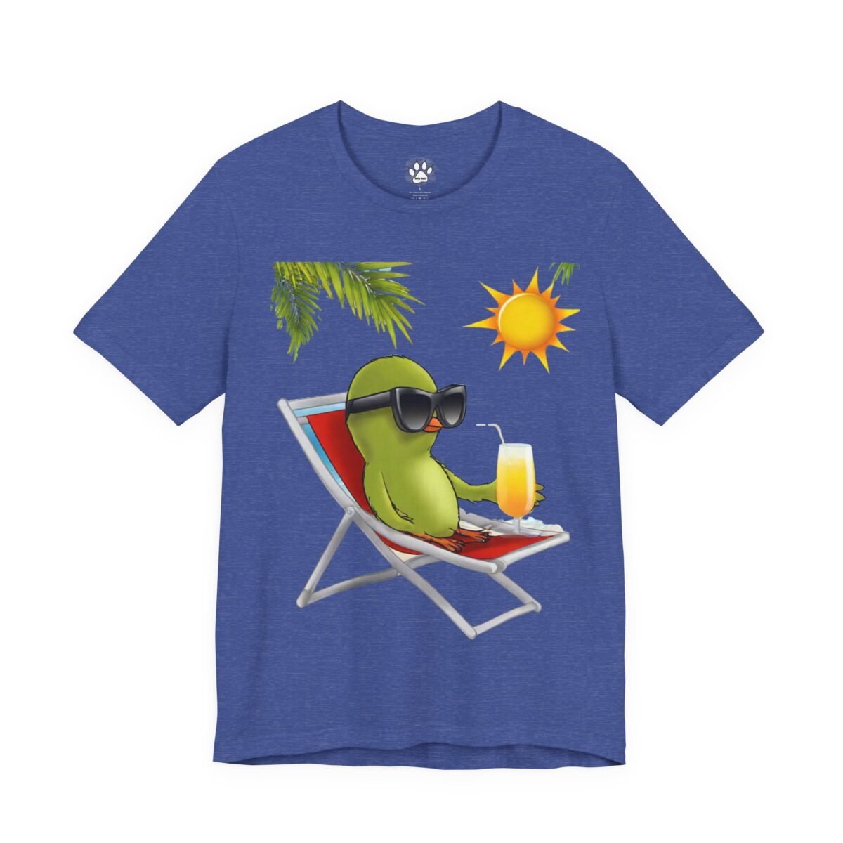 5998930997718251713_2048.jpeg Blue t-shirt with a cartoon green chick in sunglasses relaxing in a beach chair with a drink.