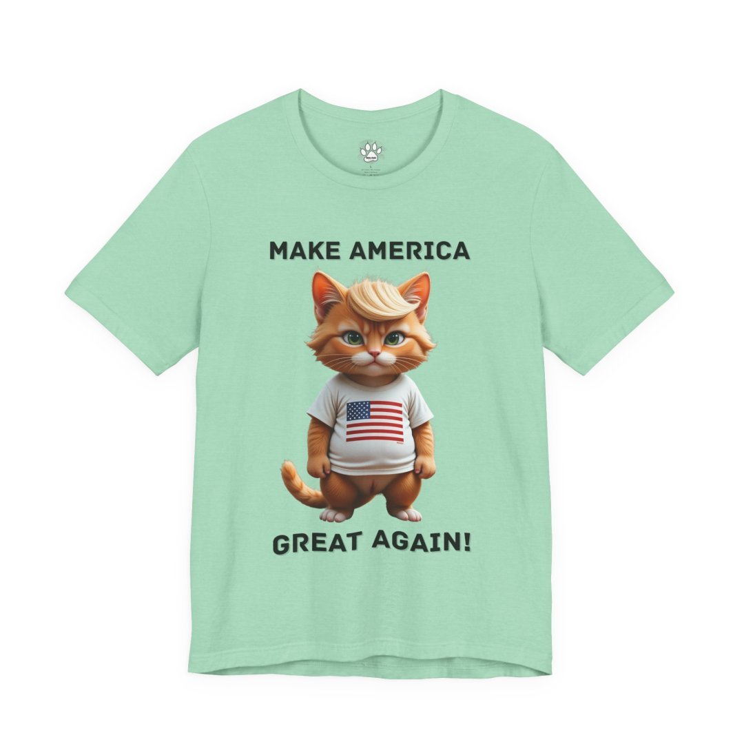 6064330438674814648_2048.jpeg Mint green t-shirt with a cartoon cat wearing an American flag shirt.