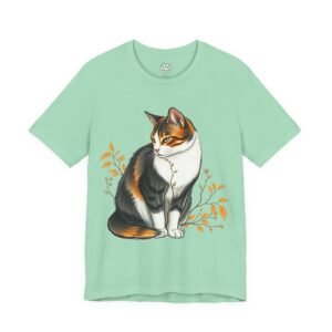 Mint green t-shirt with a calico cat surrounded by autumn branches. Calico Garden Cat Graphic Tee