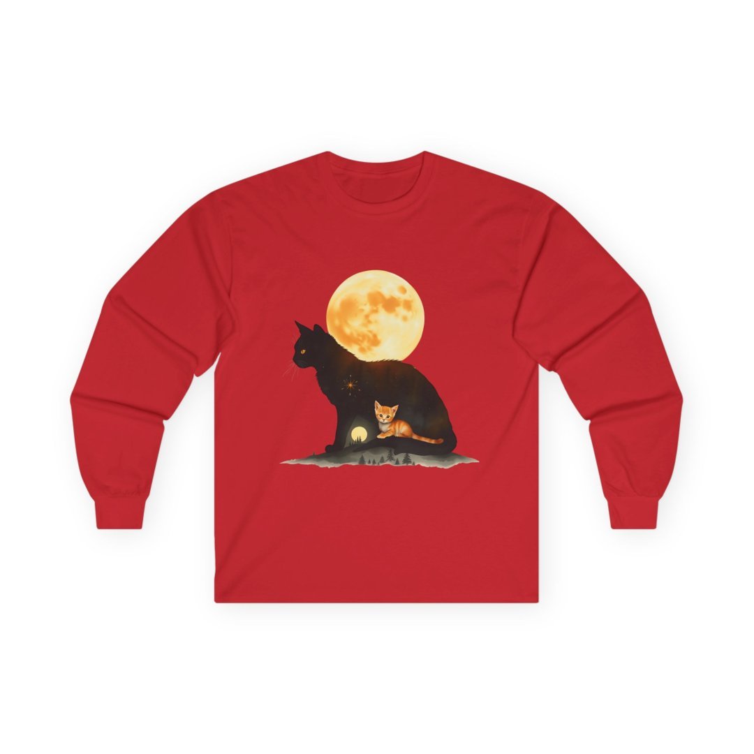 6155188536892811373_2048.jpeg Red long-sleeve shirt featuring a black cat silhouette against a full moon, with an orange kitten nestled inside.