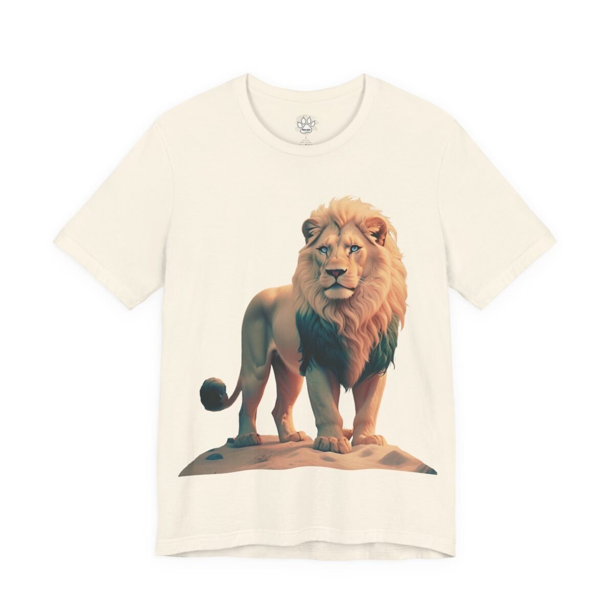 6270915181648771566_2048-1.jpeg Cream t-shirt featuring a majestic lion with a dark mane and blue eyes.