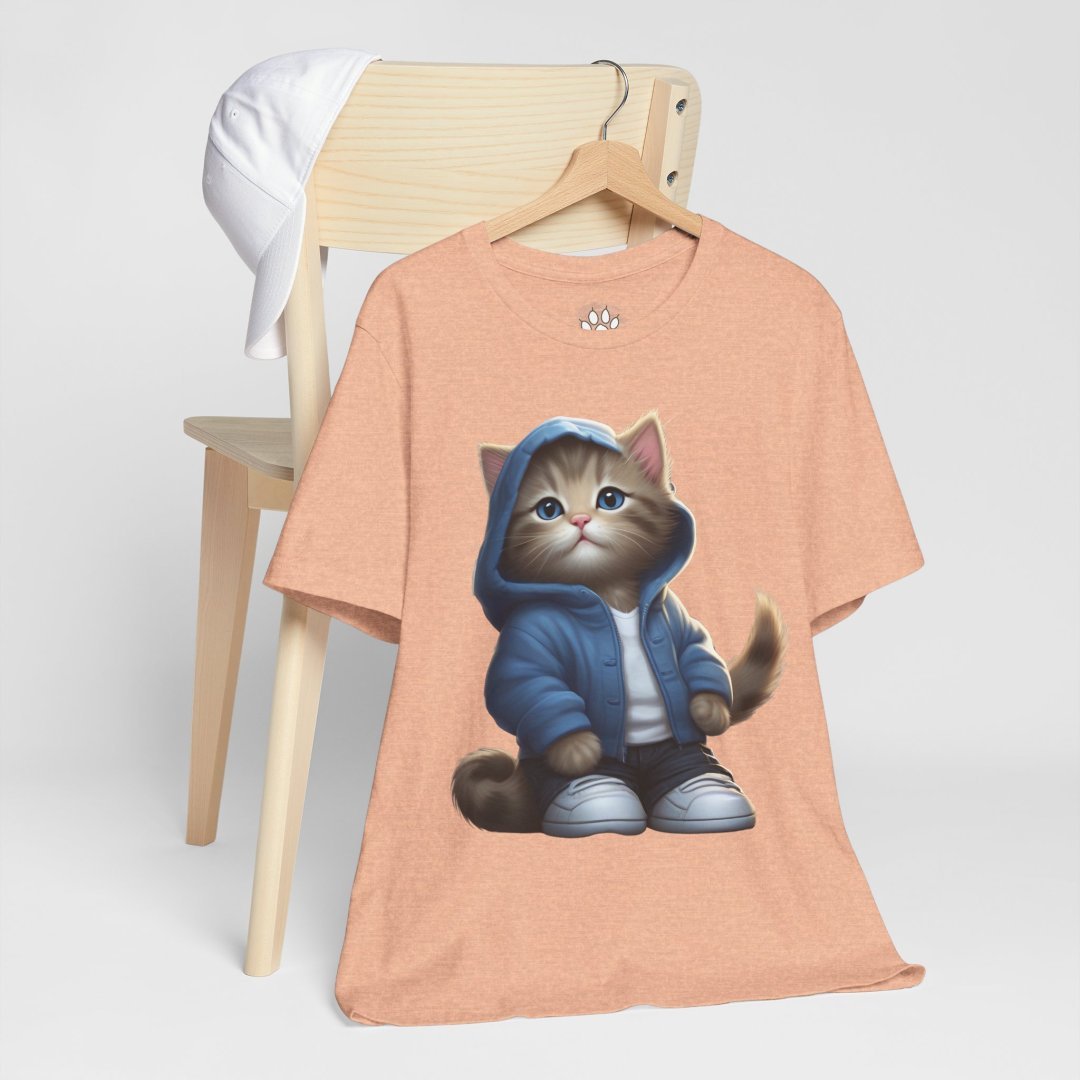 6280071972031914050_2048.jpeg T-shirt with a cute cat in a blue hoodie and sneakers, draped over a chair.