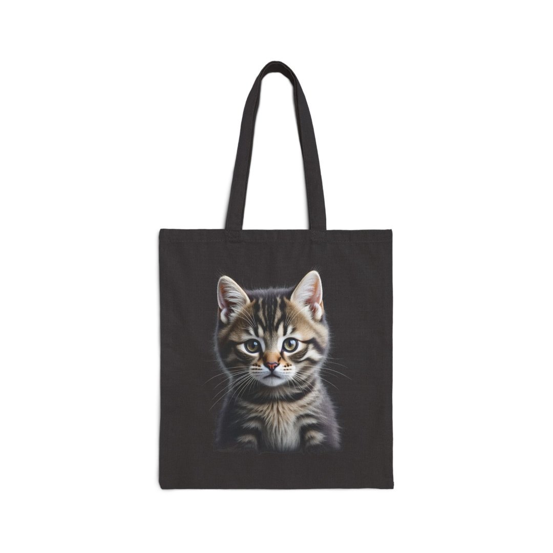 Kitten Portrait Cotton Tote Bag. Black tote bag with a cute kitten illustration.