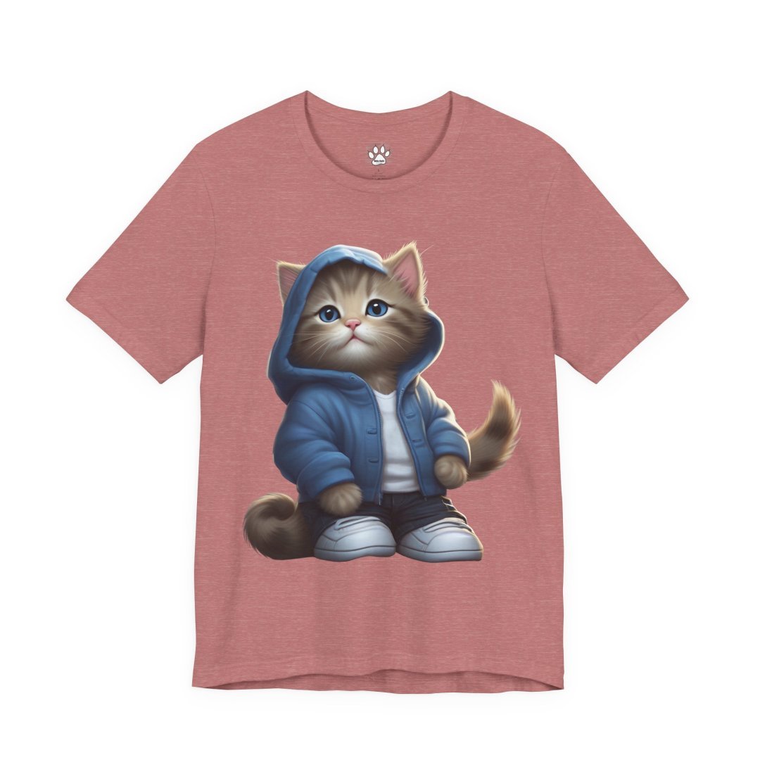 6325687433073990666_2048.jpeg T-shirt with a cute cat in a blue hoodie and sneakers.