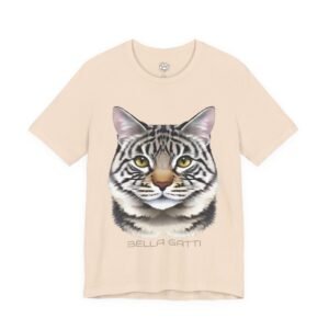 Bella Gatti Streetwear Kitten Unisex T-Shirt Bella Gatti Tabby Portrait T-shirt. Beige t-shirt with a detailed gray tabby cat face, yellow eyes, and "BELLA GATTI" text.