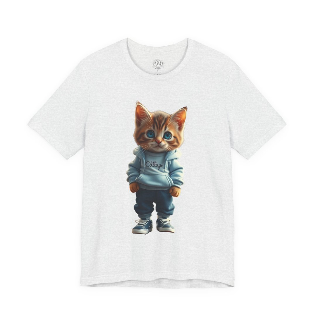 6480378259354894840_2048.jpeg T-shirt with a cute kitten wearing a hoodie and sneakers.