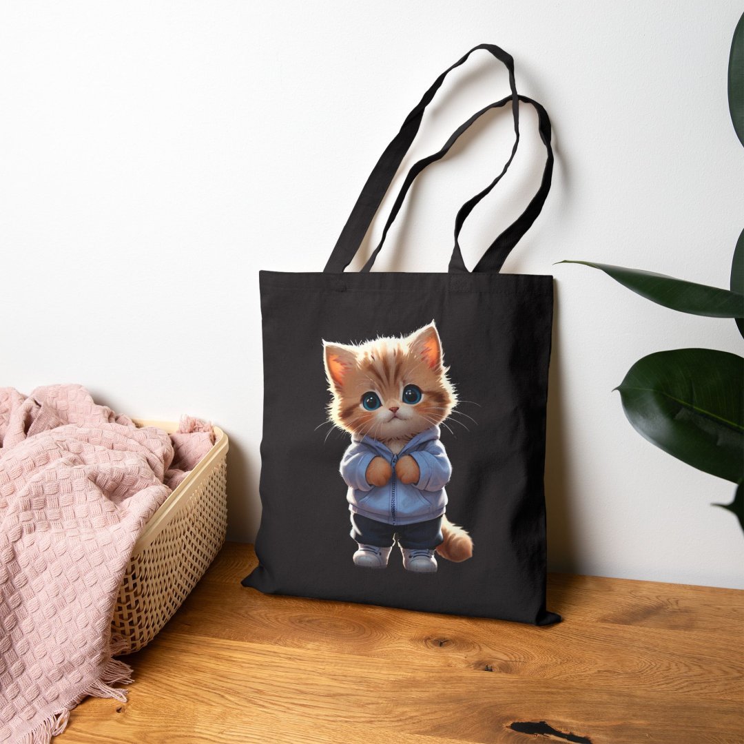 6497017039571817976_2048.jpeg Cute kitten illustration on a black tote bag on a wooden table.