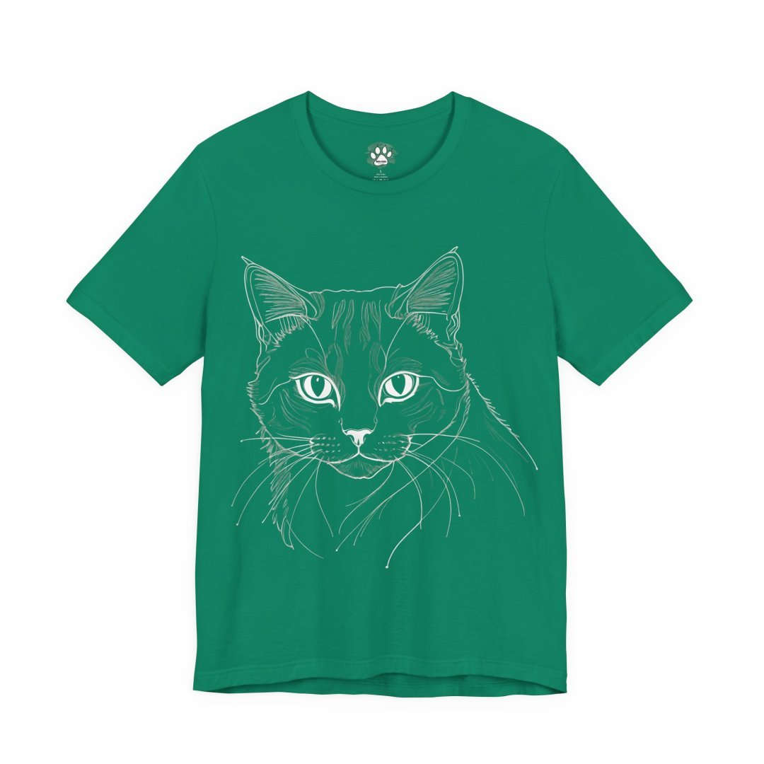 6522238733160545274_2048.jpeg Green t-shirt with a white line drawing of a cat's face.