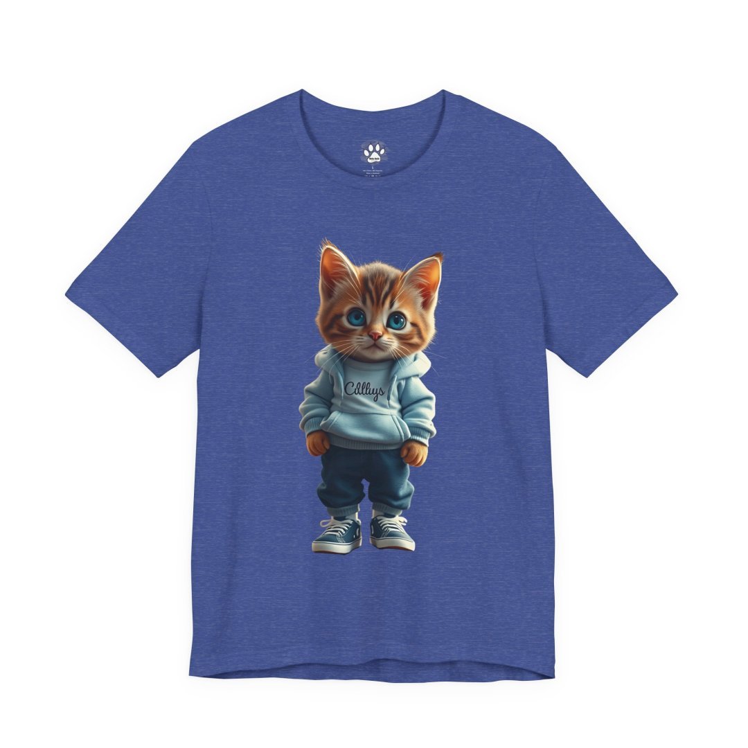 6605664603873738340_2048.jpeg Blue t-shirt with a cute kitten in a hoodie and sneakers.