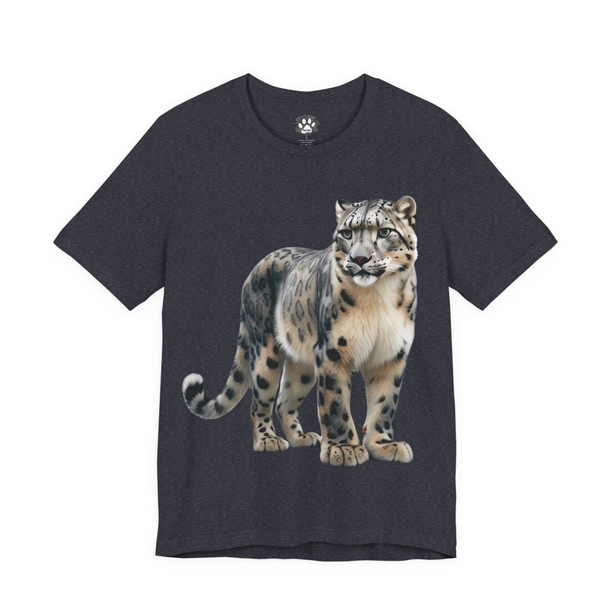 6631686859210257853_2048.jpeg Dark grey t-shirt featuring a detailed snow leopard design.