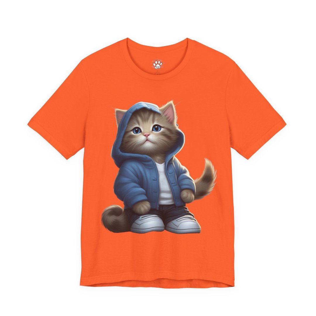 6713125581898844935_2048.jpeg Orange T-shirt with a cute cat in a blue hoodie and sneakers.