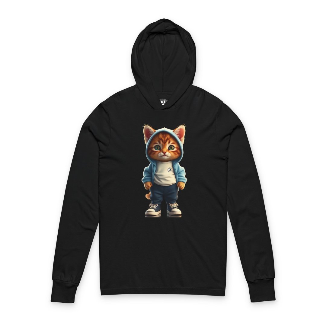672152561383853225_2048.jpeg Black hoodie featuring a cute cat illustration wearing a blue hoodie and sneakers.