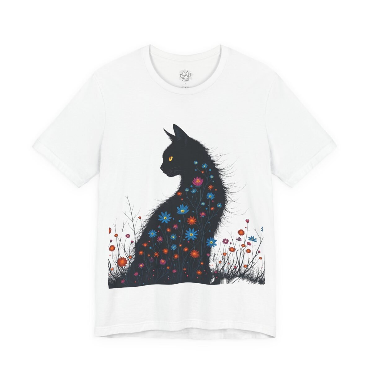 6765225725524638046_2048.jpeg White t-shirt with a black cat silhouette made of colorful flowers.