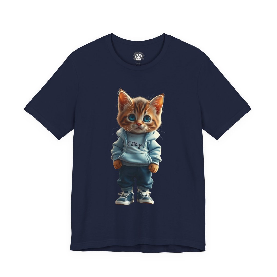 6959894594239381881_2048.jpeg Navy t-shirt with a cute kitten in a hoodie and sneakers.