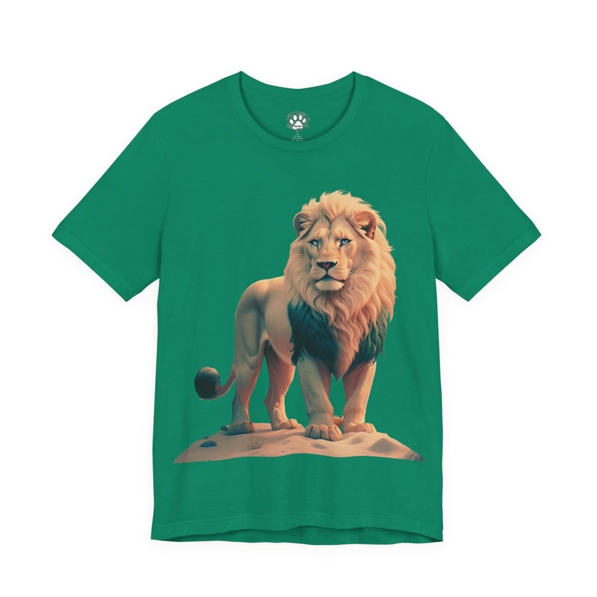 7037545414085657237_2048-1.jpeg Green t-shirt with a lion design featuring a blonde and dark green mane with blue eyes.