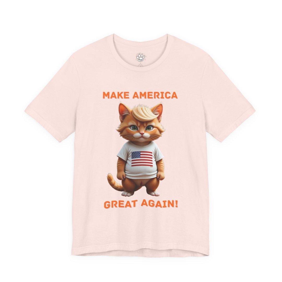 7051319594048583519_2048.jpeg T-shirt with a cat wearing an American flag shirt and text 'Make America Great Again'.