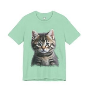 Mint green t-shirt with a realistic tabby kitten illustration.