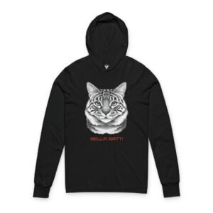 Bella Gatti Cat Face Hooded Long Sleeve Tee Bella Gatti Graphic Cat Face Hooded Long Sleeve Tee in charcoal black featuring a realistic tabby cat portrait with the Bella Gatti™ logo on a lightweight premium cotton hooded long sleeve shirt for cat lovers and pet enthusiasts.