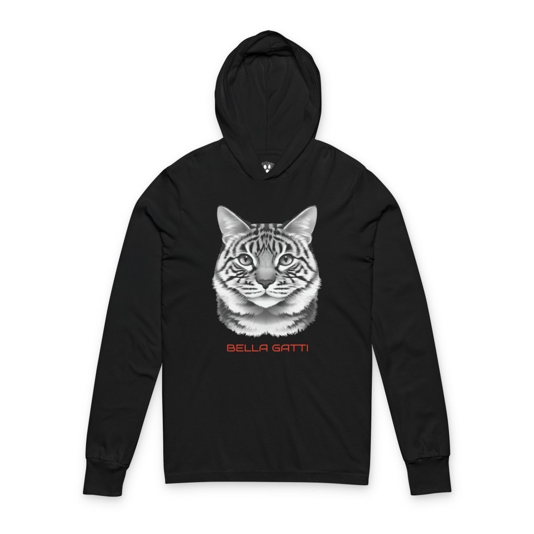 Bella Gatti Graphic Cat Face Hooded Long Sleeve Tee in charcoal black featuring a realistic tabby cat portrait with the Bella Gatti™ logo on a lightweight premium cotton hooded long sleeve shirt for cat lovers and pet enthusiasts.