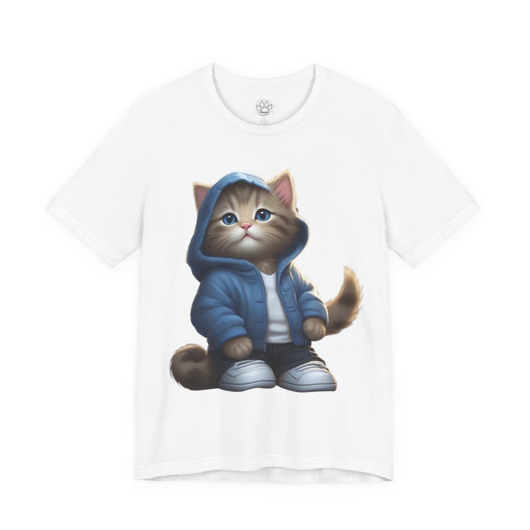 7609909199670665783_2048.jpeg T-shirt with a cute cat wearing a blue hoodie and sneakers.