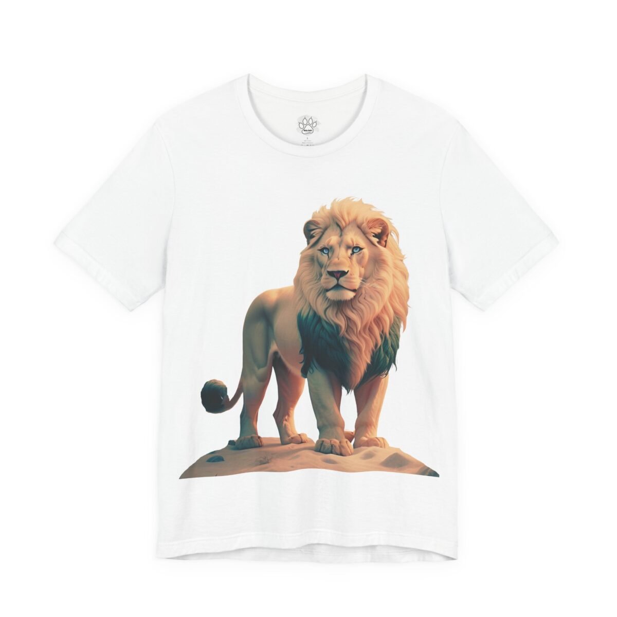 7731011876096397678_2048-1.jpeg White t-shirt with a golden lion standing on sand, featuring blue eyes and a teal lower mane.