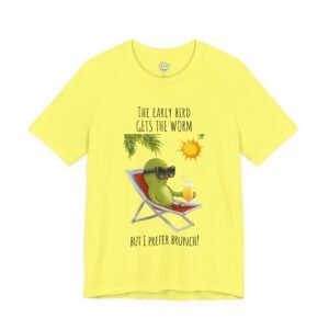 Yellow t-shirt featuring a cartoon bird in sunglasses relaxing in a beach chair with a drink, with the text. Lazy Brunch Bird T-Shirt