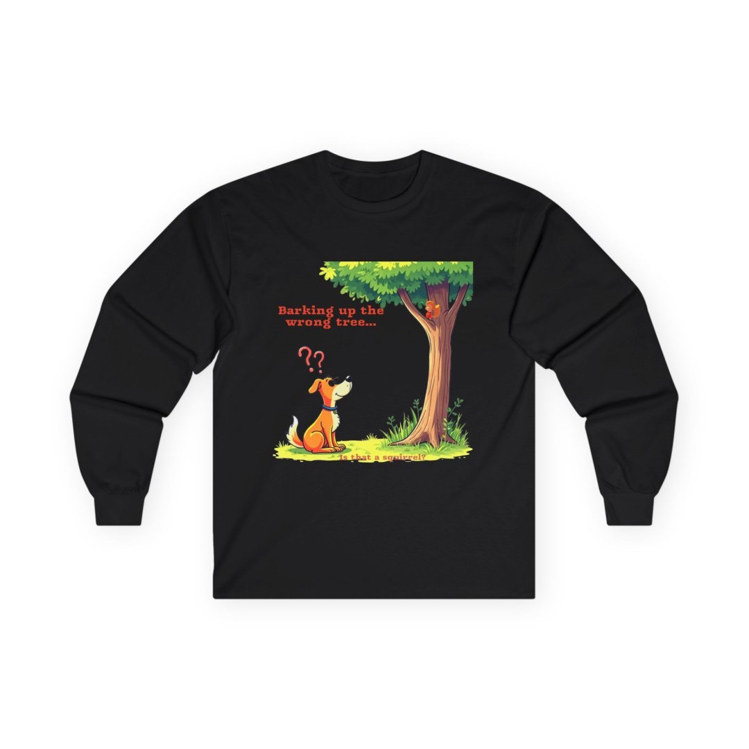 8240760610526483408_2048.jpeg Black long-sleeve shirt with a cartoon dog looking at a tree.