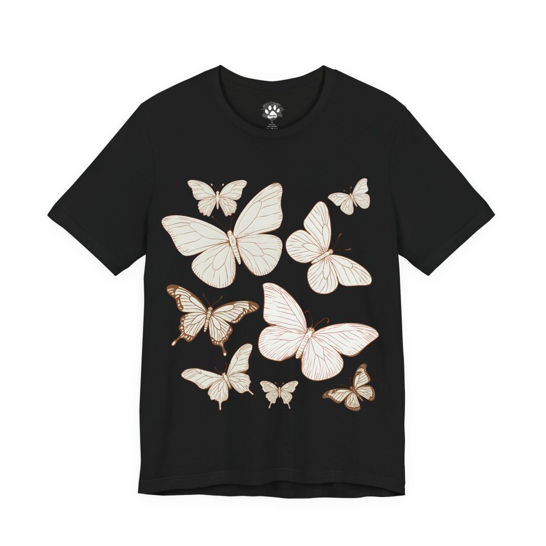 Minimal Butterfly Line Art Unisex T-Shirt. Black t-shirt with white butterfly illustrations.