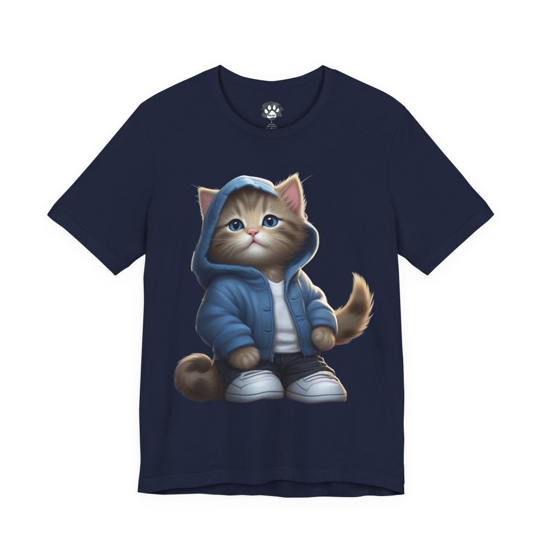 8466828408686073551_2048.jpeg T-shirt with cute cat in a blue hoodie and sneakers.